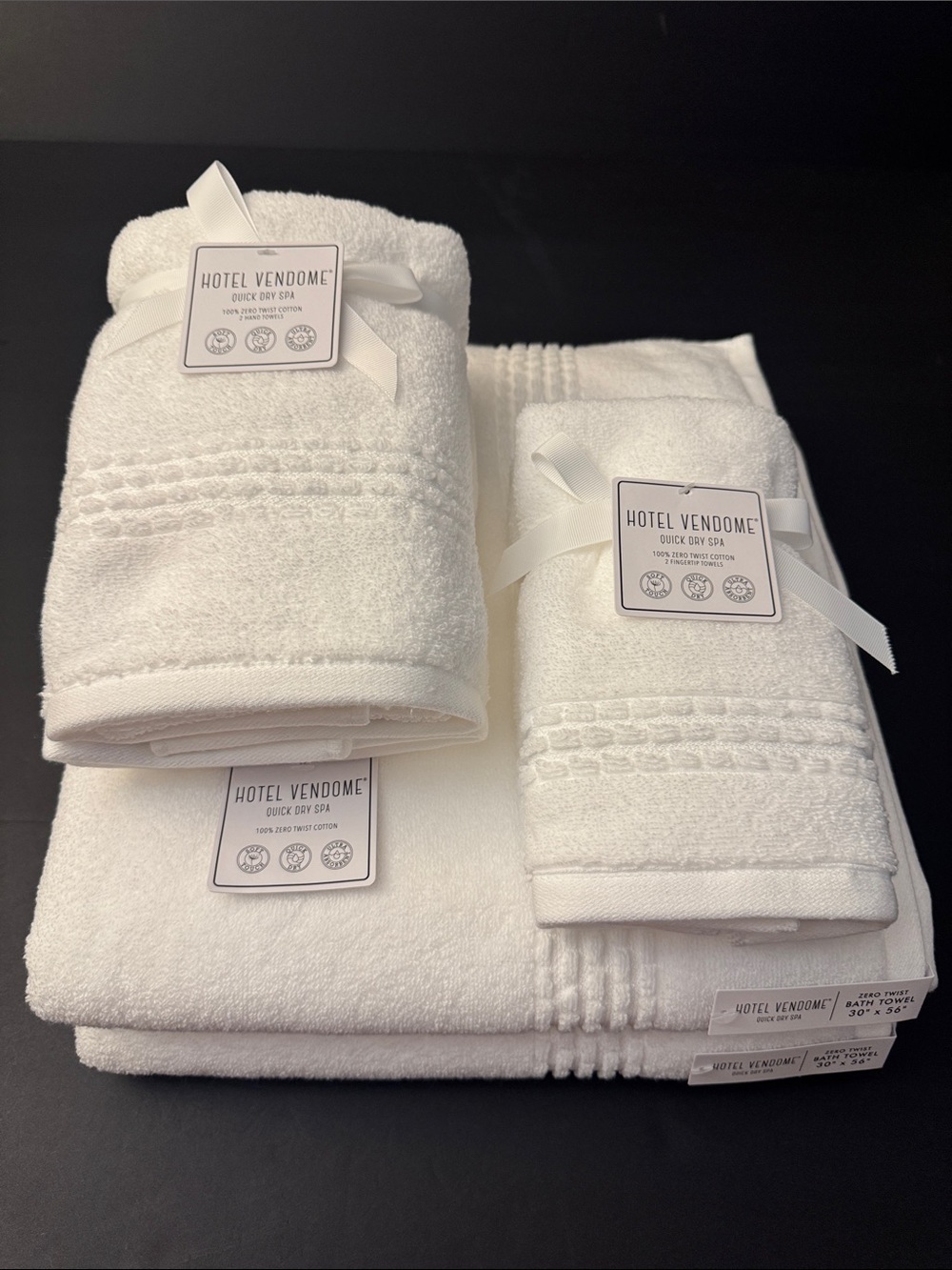 6pc HOTEL VENDOME Quick Dry Spa 100% Zero Twist Cotton Bath Towel Set -White/Wht